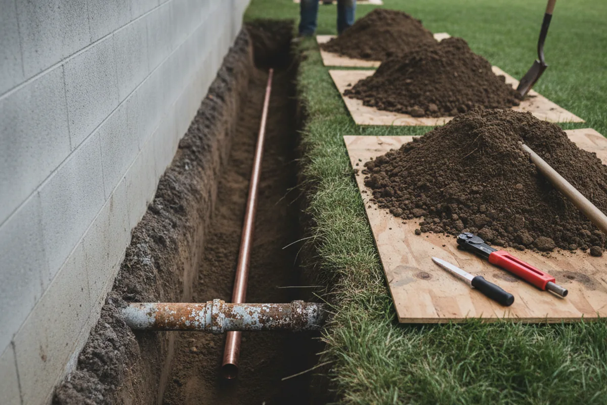 Excavated water line trench during Sewer Line Repair in Laurel